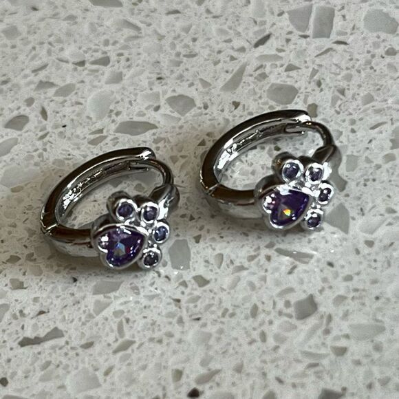 Cute Pet Paw Print Design Silver and Purple Tone & Zirconia Ear Stud Earrings - Picture 5 of 9